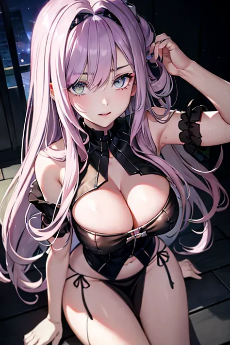 Detailed face, Long eyelashes, Detailed eyes, light violet hair，(Straight hair: 1.3), (Lilac eyes and light green eyes: 1.3),largeeyes，Heterochromic pupils (light pink colored hair: 1.2), Big Cleavage, Slim, Angle from Above, Nightclub,The surroundings are...