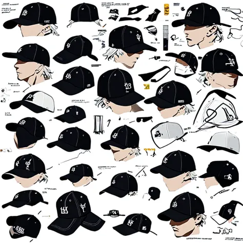 baseball hat, concept art and accessories, detailed, multiple angles, white background