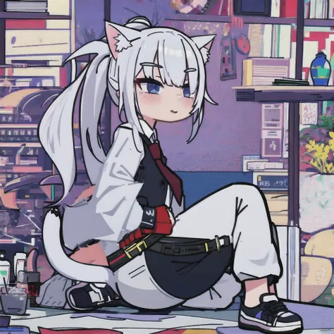 1 guy, full body, White hair, bangs cover the right eye, ponytail, shirt, tie, pants, sitting in a sexy pose, butt, cat ears, tail, ass