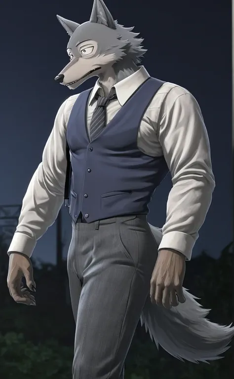 Legoshi is a tall, lean gray wolf, fur on his body is bluish gray, while his face, neck, and chest fur are a cream color, wearing a indigo vest, a dark gray tie, black suspenders, gray pants with dark gray vertical stripes, and brown loafers, anthro wolf, ...