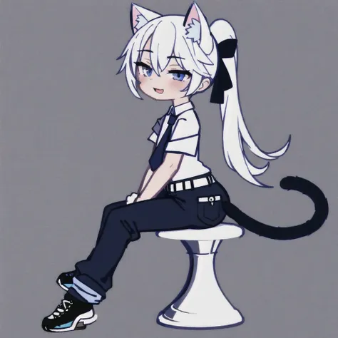 1 guy, full body, white hair, bangs cover the right eye, ponytail, shirt, tie, pants, sitting in a sexy pose, butt, cat ears, ta...