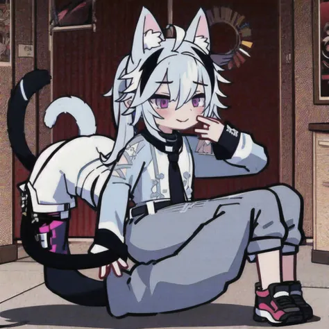 1 guy, full body, White hair, bangs cover the right eye, ponytail, shirt, tie, pants, sitting in a sexy pose, butt, cat ears, tail, ass