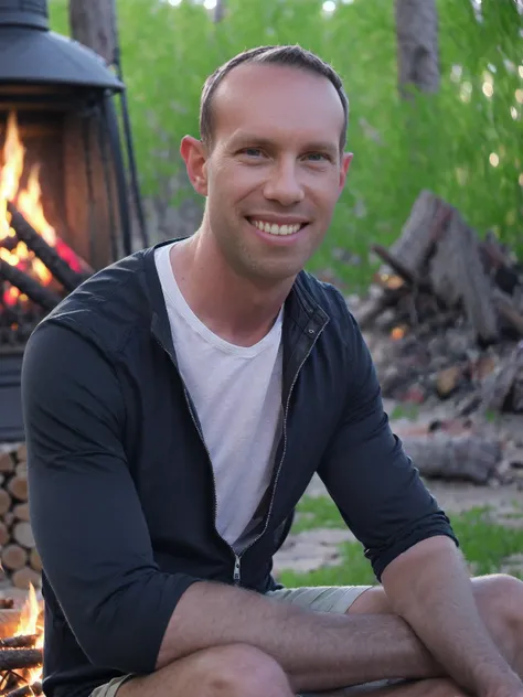 nighttime a man, Todder8, Todder1 short hair, perfect skin, RAW, UHD, 8K, looking to side, sitting on a log next to a camp fire, vacation photography, night forest, stylish jacket, photorealistic, dynamic lighting, dark lighting fireside glow, [smiling]