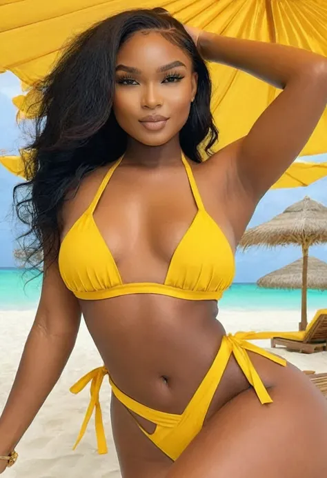 ((Best high quality:1.2)), Work of art, (8k), extremely detailed, ((High detail:1.2)), (HotLexi woman), Solo, ((24 years old pretty perfect Angolan female:1.4)), (yellow bikini), (fix his hand to be anatomically correct),