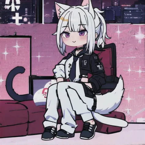 1 guy, full body, White hair, bangs cover the right eye, ponytail, shirt, tie, pants, sitting in a sexy pose, butt, cat ears, tail, ass