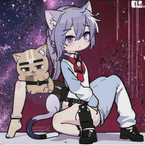 1 guy, full body, White hair, bangs cover the right eye, ponytail, shirt, tie, pants, sitting in a sexy pose, butt, cat ears, tail, ass