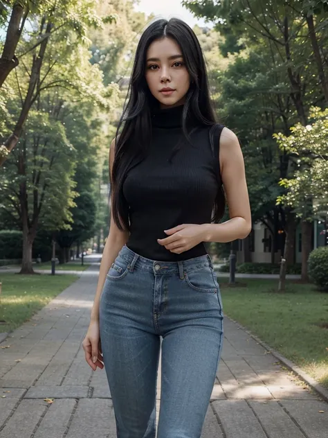 (masterpiece Best quality) beautiful woman, sleeveless turtleneck shirt with cropped waist detail. Long jeans Korean style woman with long black hair, beautiful figure, perfect face, beautiful face, charming, big eyes, happy (outdoors), walkway in the park...