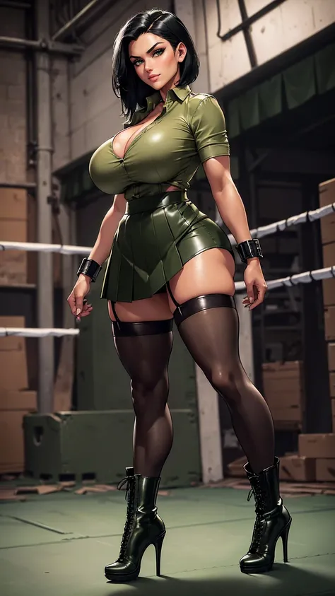 (masterpiece, best quality:1.4), (8K), busty muscular raven-haired beauty, (((18 years old, college kickboxer))), detailed green eyes, long eyelashes, blush, evil smile, upper body, covered large breasts, ((olive green leather shirt, buttoned up)), ((olive...