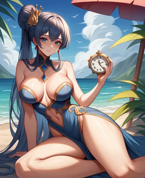 A woman sitting on the beach，Showy clothing，Holding a clock in hand, Queen of the Sea Mu Yanling, Beautiful digital artwork, 4k highly detailed digital art, Beautiful fantasy queen, 8k high quality detailed art, Fantasy Beauty, author：Yang J, Beautiful and...