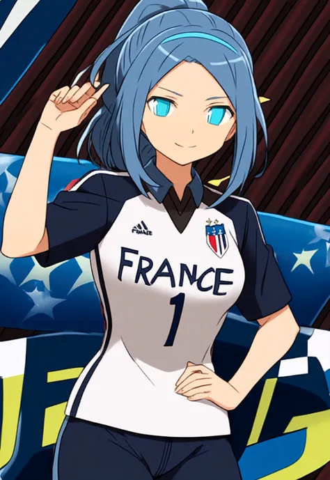 (anime,2d)women,soccer player,black fur,wide,fringe,collected in a ponytail,clear skin,light blue eyes,france national team clot...