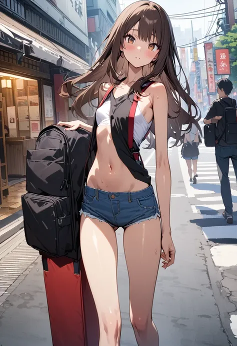 ((masterpiece,Highest quality;1.3,best illustration)),cowboy shot,1woman、25 year old beauty、独奏,((very small head:1.3)),dark brown hair,long hair,bangs,brown eyes,gorgeous eyes,blush,small breasts,((very long body:1.3)),((toned body,slender body,skinny)),gl...