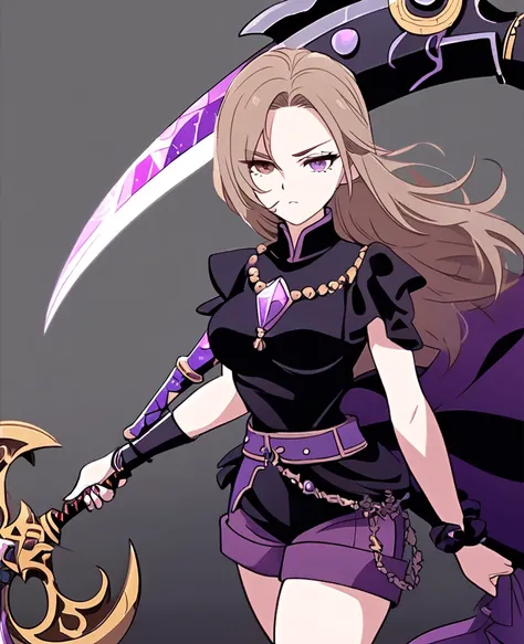 Make me a final fantasy oc. She has long brown hair that fades into white. Her left eye is brown and her right eye is purple. She wears a purple, white and black outfit with shorts. Her weapon id a giant scythe with a purple crystal stuck into the part whe...