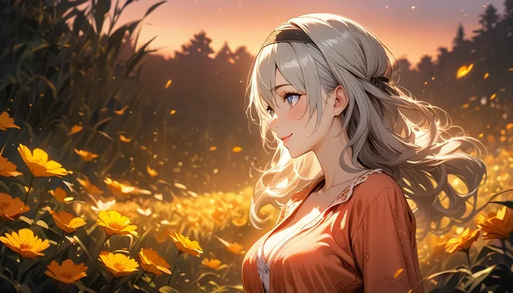 beautiful girl, long grey hair, beautiful face,smiling,close up to hips, beautiful breast, in the middle of flowers field, (open mouth:0.4),illustration,detailed textures(realists),ultra-detailed,portrait style,vivid colors,soft lighting, blushing, mature,...