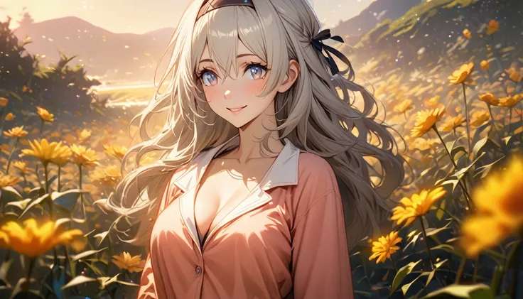 beautiful girl, long grey hair, beautiful face,smiling,close up to hips, beautiful breast, in the middle of flowers field, (open mouth:0.4),illustration,detailed textures(realists),ultra-detailed,portrait style,vivid colors,soft lighting, blushing, mature,...