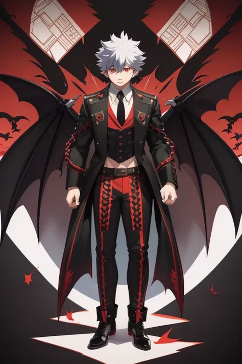 Izuku Midoriya from My Hero Academia, Vampire, incubus, red eyes and white hair, bat wings, black clothes, black steampunk pants, red shirt, black vest, pale skin. Looking straight at the viewer