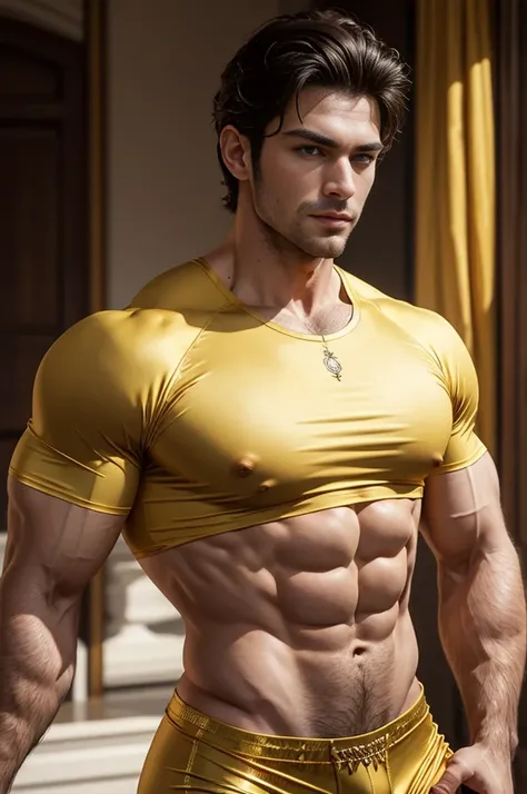 Golden yellow,shirtless handsome Fantasy king, scruff, chest hair,sexy and Elegant king, handsome Prince, wearing tight golden royal spandex pants,wearing golden spandex royal crop top,muscular body,big biceps