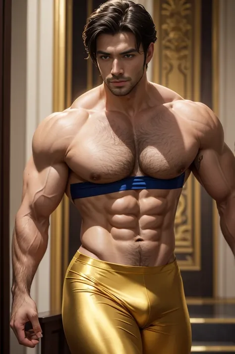 Golden yellow,shirtless handsome Fantasy king, scruff, chest hair,sexy and Elegant king, handsome Prince, wearing tight golden royal spandex pants,wearing golden spandex royal crop top,muscular body,big biceps