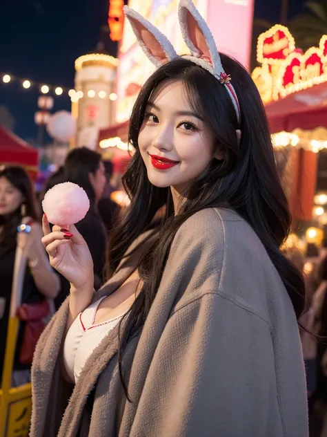 A There Is A Beautiful Asian Woman, Red Lips, Thick Long Hair, dark grey long coat, bunny ear headband, Big Breast, smile, in the middle carnival, night, hanging lights. Surround carnival visitors, cotton candy on her right hand