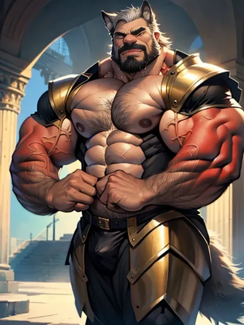 burly virile hairy man, with two wolf ears and a bushy tail, in a suit of armor, middle-aged, hirsute, overmuscular and musclebound, bulging veiny muscles, a warriors build, a bodybuilders physique, long bushy and a thick mustache, a square jaw, handsome a...