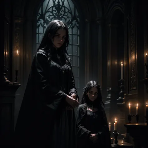 a dark female specter, eyes lit up like two little lights, hovering above a mysterious pagan gothic altar, dark moody atmosphere, dramatic lighting, cinematic, high detail, photorealistic, masterpiece, 8k, hyperrealistic, chiaroscuro, dramatic shadows, dar...