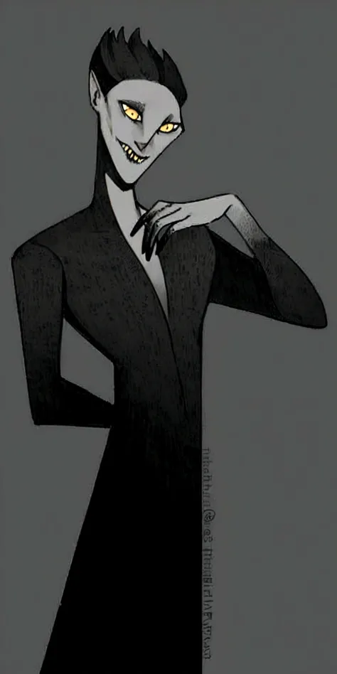 a drawing of a man with a black dress and yellow eyes, sinister pose, villain pose, creepy pose, with slender, striking an elegant pose on top of you, dark and mysterious character, cel shaded!!!, Threatening pose, pose do mal, skinny man, Jack Skellington...