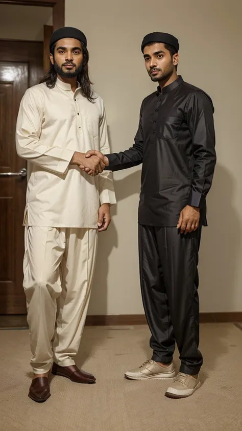 2 Muslim people with decent shalwar kameez, shaking hands 