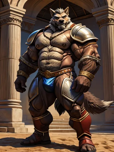 burly virile hairy man, with two wolf ears and a bushy tail, in a suit of armor, middle-aged, hirsute, overmuscular and musclebound, bulging veiny muscles, a warriors build, a bodybuilders physique, long bushy and a thick mustache, a square jaw, handsome a...