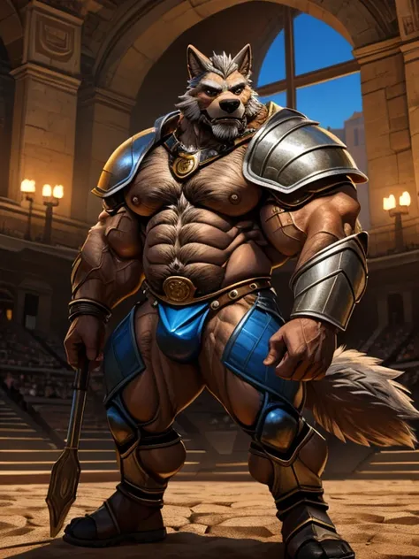 burly virile hairy human, with two wolf ears and a bushy tail, in a suit of armor, middle-aged, hirsute, overmuscular and musclebound, bulging veiny muscles, a warriors build, a bodybuilders physique, long bushy and a thick mustache, a square jaw, handsome...