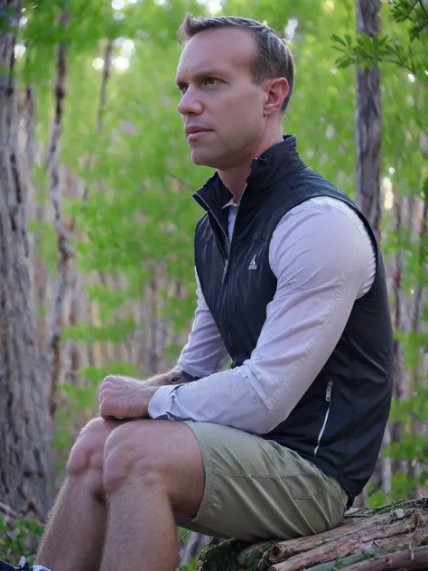 nighttime a man, Todder8, Todder1 short hair, perfect skin, RAW, UHD, 8K, looking to side, sitting on a log camping gear, vacation photography, night forest, stylish jacket, photorealistic, dynamic lighting, dark lighting glow, [serious]