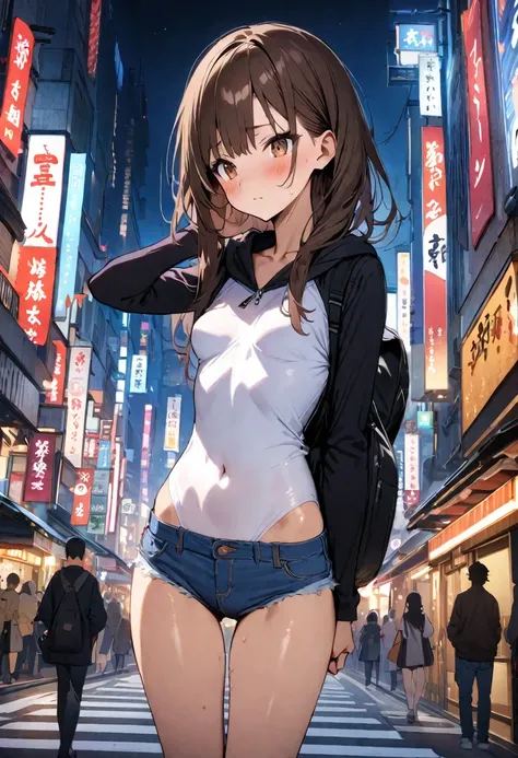 ((masterpiece,Highest quality;1.3,best illustration)),cowboy shot,1woman、25 year old beauty、独奏,((very small head:1.3)),dark brown hair,long hair,bangs,brown eyes,gorgeous eyes,blush,small breasts,((very long body:1.3)),((toned body,slender body,skinny)),gl...