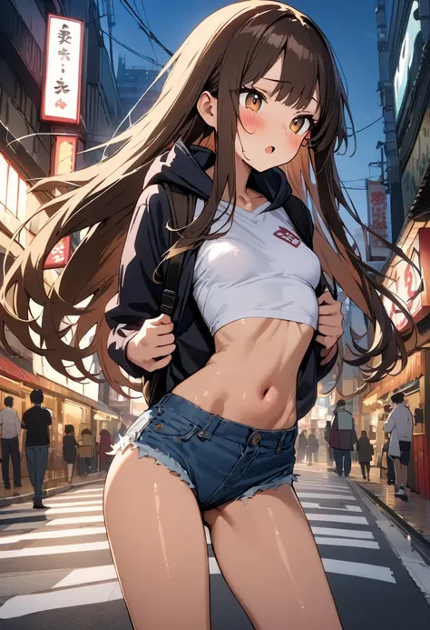 ((masterpiece,Highest quality;1.3,best illustration)),cowboy shot,1woman、25 year old beauty、独奏,((very small head:1.3)),dark brown hair,long hair,bangs,brown eyes,gorgeous eyes,blush,small breasts,((very long body:1.3)),((toned body,slender body,skinny)),gl...