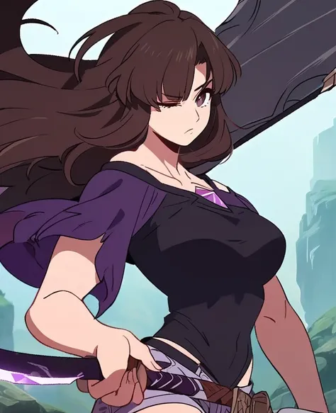 Make me a final fantasy oc. She has long dark brown hair with bangs. Her left eye is brown and her right eye is purple. She wears a purple, white and black outfit with shorts. Her weapon id a giant scythe with a purple crystal stuck into the part where the...