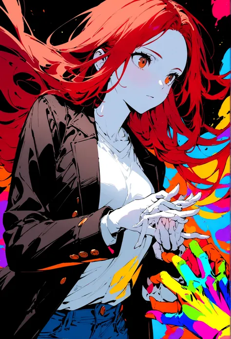 (masterpiece), (best quality), super fine illustrations, high detail, high contrast, long hair, medium breasts size, redhead, brown eyes, looking at another, (pale skin), black jacket, white shirt, jeans, make hands close, ((only five fingers), still