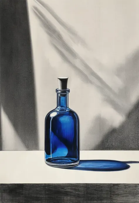 a drawing of light passing through a glass bottle on a table, casting on background, indigo blue, black and white