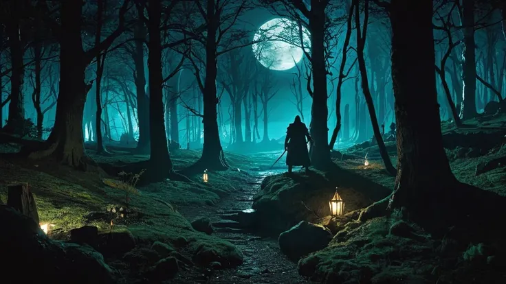 dark fantasy medieval forest at night