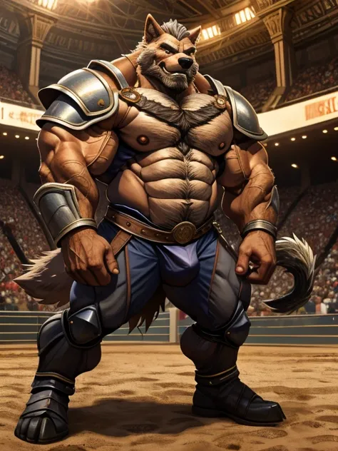 burly virile hairy human, with two wolf ears and a bushy tail, in a suit of armor, middle-aged, hirsute, overmuscular and musclebound, bulging veiny muscles, a warriors build, a bodybuilders physique, long bushy and a thick mustache, a square jaw, handsome...