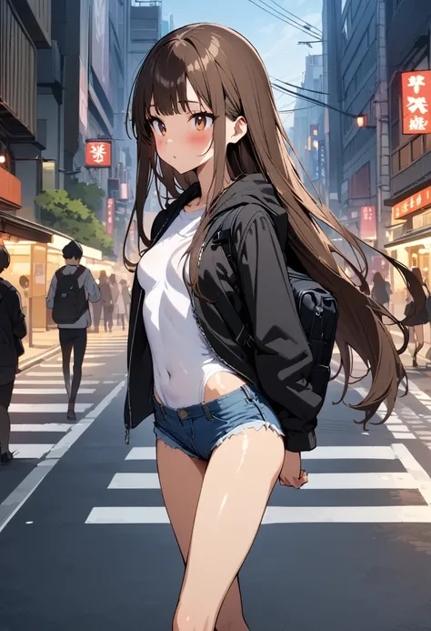 ((masterpiece,Highest quality;1.3,best illustration)),cowboy shot,1woman、25 year old beauty、独奏,((very small head:1.5)),dark brown hair,long hair,bangs,brown eyes,gorgeous eyes,blush,small breasts,((very long body:1.3)),((toned body,slender body,skinny)),gl...