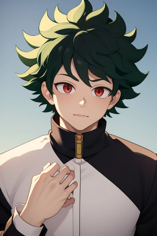 Izuku Midoriya from My Hero Academia red eyes and white hair, pale skin. Looking directly at the viewer