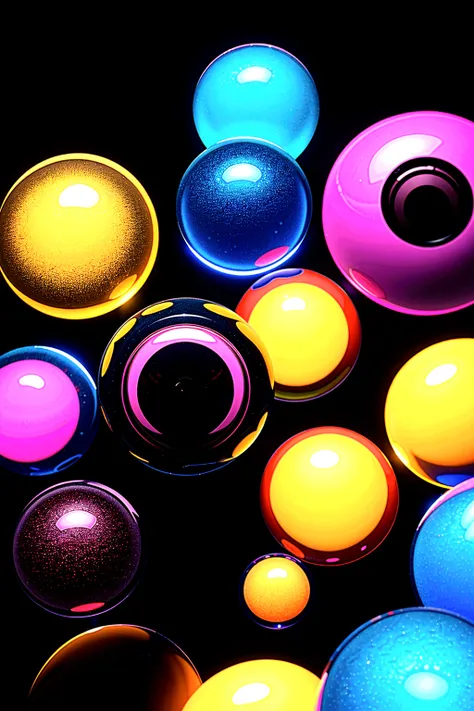 Black  crystal spheres floating in a abstract multiple color background, abstract digital art,3D projections!