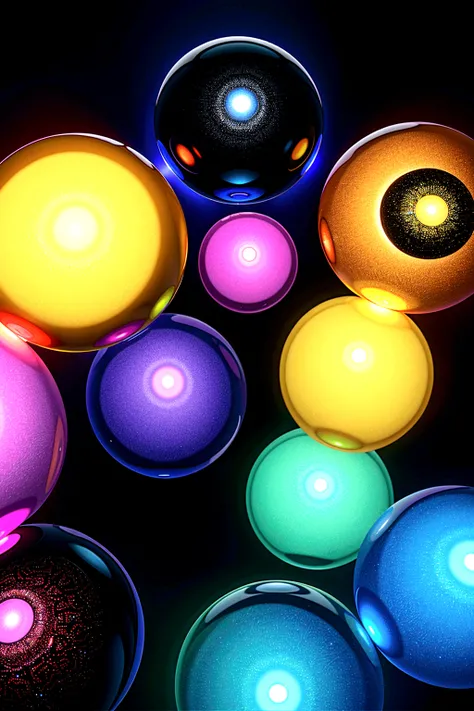 Black  crystal spheres floating in a abstract multiple color background, abstract digital art,3D projections!