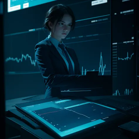 A professional-style image representing the theme of trading. In the center of the image, a candlestick chart showing upward and downward trends, with trend lines and technical indicators. The background is a soft blue, with subtle elements reminiscent of ...