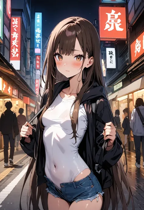 ((masterpiece,Highest quality;1.3,best illustration)),cowboy shot,1woman、25 year old beauty、独奏,((very small head:1.5)),dark brown hair,long hair,bangs,brown eyes,gorgeous eyes,blush,small breasts,((very long body:1.3)),((toned body,slender body,skinny)),gl...