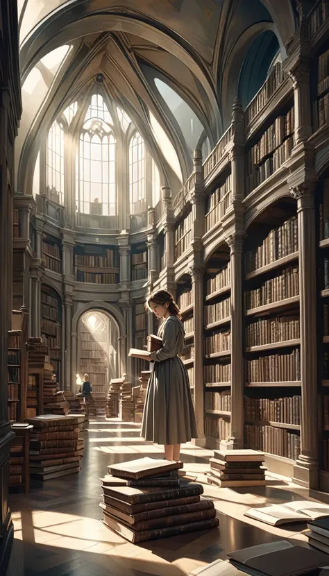 a large library with towering bookshelves, a grand domed ceiling, books and scrolls scattered on the floor, a slight sense of disarray, a beautiful woman carrying an armful of heavy books through the aisles, intricate architectural details, warm lighting, ...