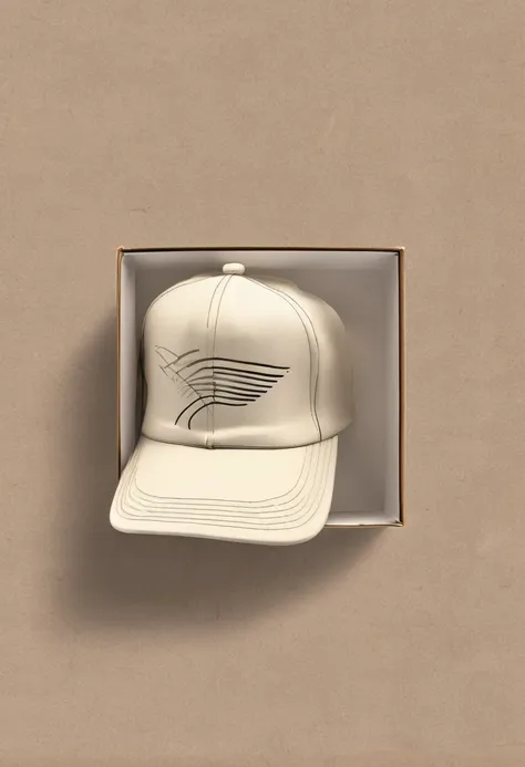 a drawing of a baseball cap, in a box, packaging, product design, simple, sketch