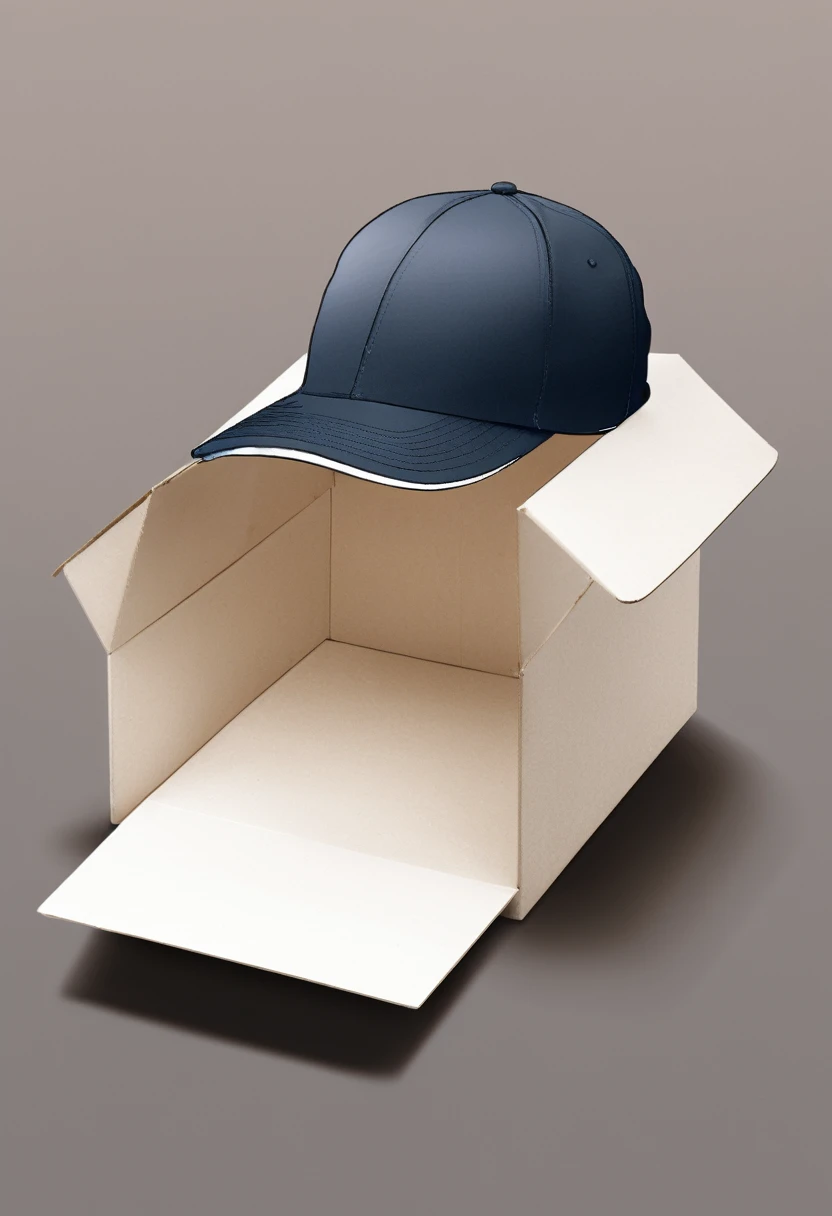 a drawing of a baseball cap, in a box, packaging, product design, simple, sketch