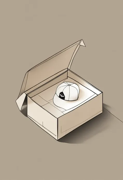 a drawing of a baseball cap, in a box, packaging, product design, simple, sketch