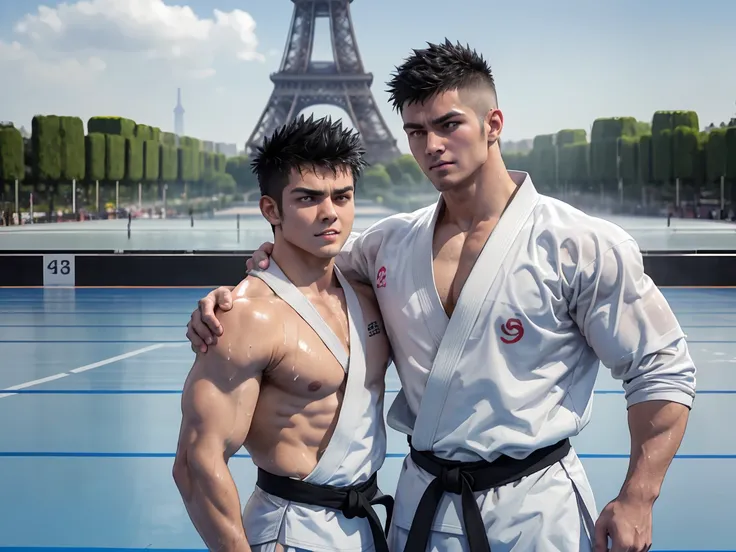 2men standing side-by-side, wrestlers, European, patting each others shoulder, wearing white detailed transparent karate gi, wearing white detailed wet karate gi, outdoor Olympic arena in front of Eiffel Tower, black hair, short hair, spiky hair, fight sce...