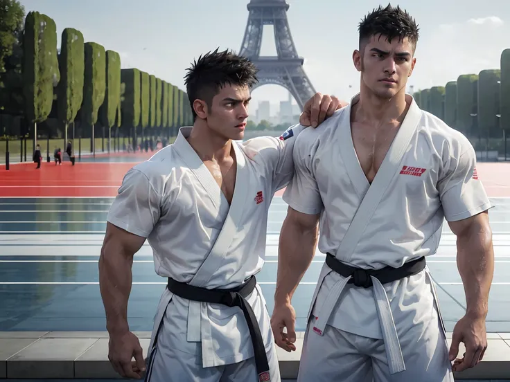 2men standing side-by-side, wrestlers, European, patting each others shoulder, wearing white detailed transparent karate gi, wearing white detailed wet karate gi, outdoor Olympic arena in front of Eiffel Tower, black hair, short hair, spiky hair, fight sce...