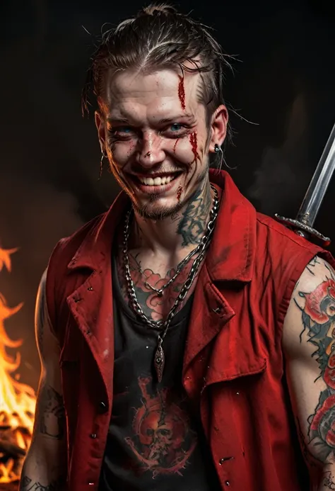 25 year old red man with pale white skin. his eyes are red and black with no trace of white, he has a bad smile and a terrifying look, he has blood around his mouth, he is athletic and he is dressed in a red sleeveless coat, and black pants and black boots...