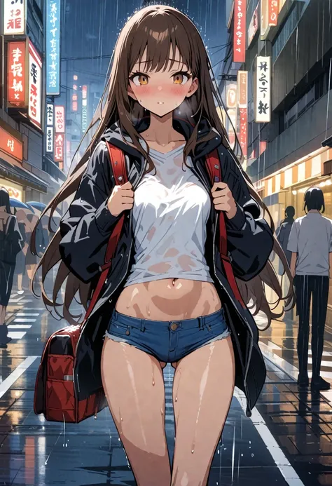 ((masterpiece,Highest quality;1.3,best illustration)),cowboy shot,1woman、25 year old beauty、独奏,((very small head:1.5)),dark brown hair,long hair,bangs,brown eyes,gorgeous eyes,blush,small breasts,((very long body:1.3)),((toned body,slender body,skinny)),gl...